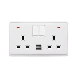 LONDON DOUBLE SOCKET 2P BUTTON SWITCH NEON+USB WH