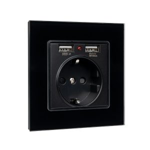 GERMAN TYPE SOCKET 16A WITH 2XUSB GLASS FRAME BL