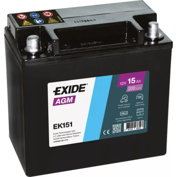 Exide AGM 15Ah 200A Bal+ Akkumulátor (EK151)