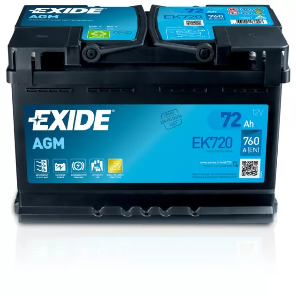 Exide AGM 72Ah 760A Jobb+ Akkumulátor (EK720)