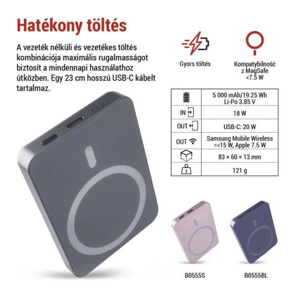 EMOS Powerbank WI 522, 5 000 mAh, 20 W+Wireless, magsafe, szürke B0555GY