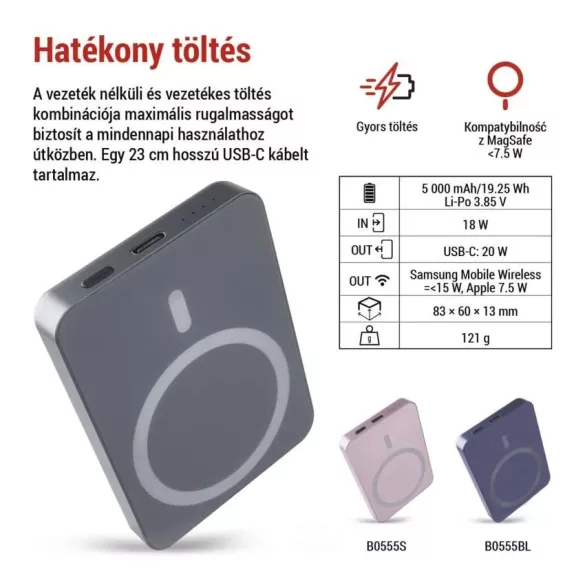 EMOS Powerbank WI 522, 5 000 mAh, 20 W+Wireless, szürke B0555GY