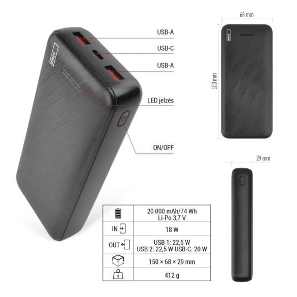 EMOS Powerbank AlphaQ3, 20 000 mAh, 22,5 W, fekete