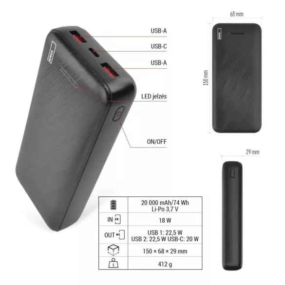 EMOS Powerbank AlphaQ3, 20 000 mAh, 22,5 W, fekete