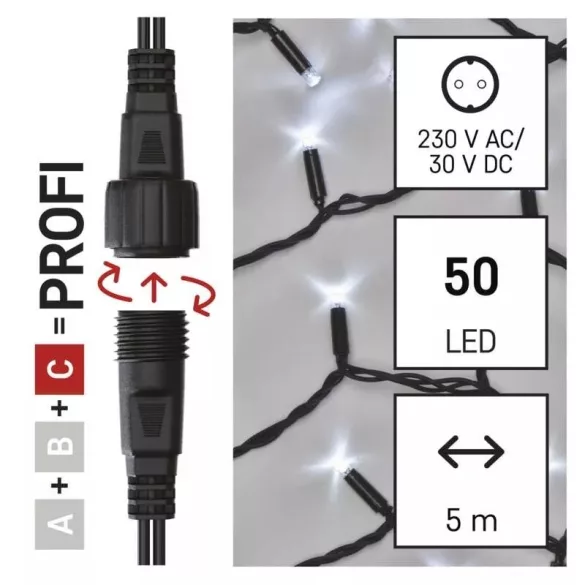 Profi LED sorolható füzér, fekete, 5 m, kültéri és beltéri, hideg fehér ZY2008