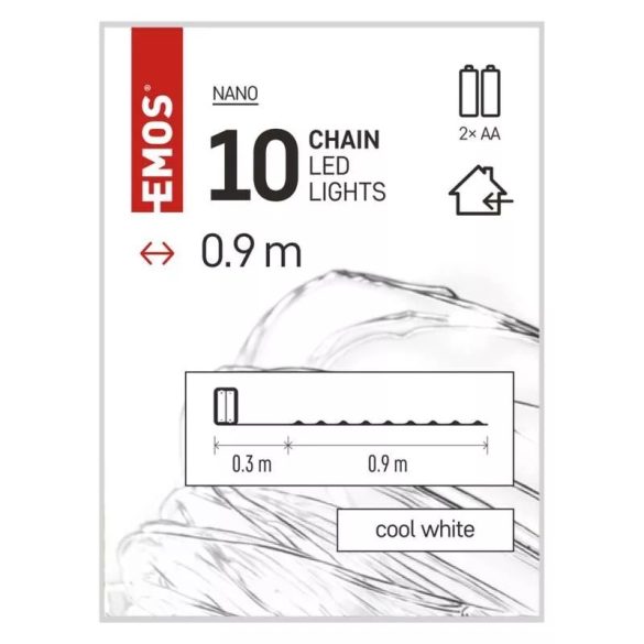 LED karácsonyi nano fényfüzér, ezüst, 0,9 m, 2x AA, beltéri, hideg fehér, ZY2196