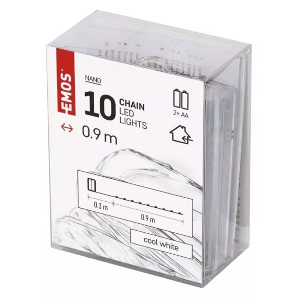 LED karácsonyi nano fényfüzér, ezüst, 0,9 m, 2x AA, beltéri, hideg fehér, ZY2196