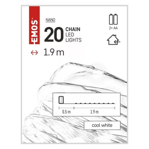 LED karácsonyi nano fényfüzér, 1,9 m, 2x AA, beltéri,hideg fehér, időzítő ZY1950