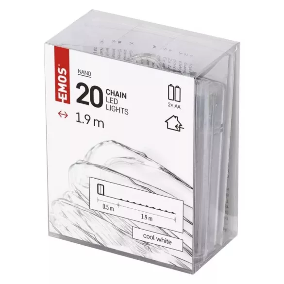 LED karácsonyi nano fényfüzér, 1,9 m, 2x AA, beltéri,hideg fehér, időzítő ZY1950