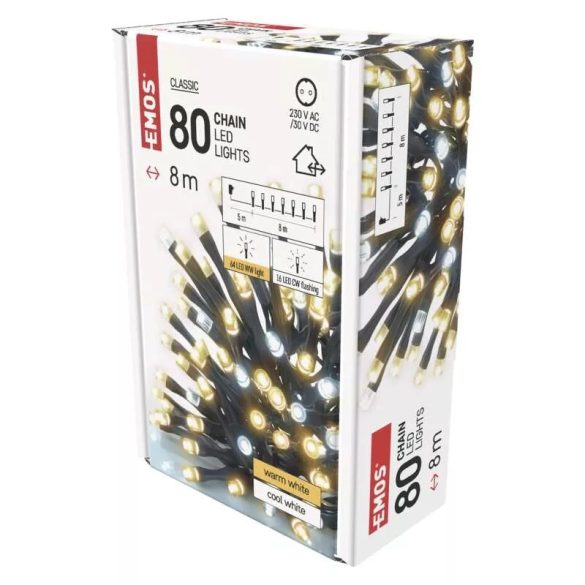 LED karácsonyi fényfüzér,villogó,8m,kültéri és beltéri,meleg/hideg fehér D4AN01