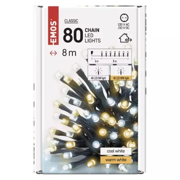 LED karácsonyi fényfüzér,8m,kültéri és beltéri,meleg/hideg fehér,időzítő D4AN04