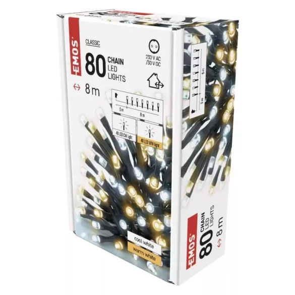 LED karácsonyi fényfüzér,8m,kültéri és beltéri,meleg/hideg fehér,időzítő D4AN04