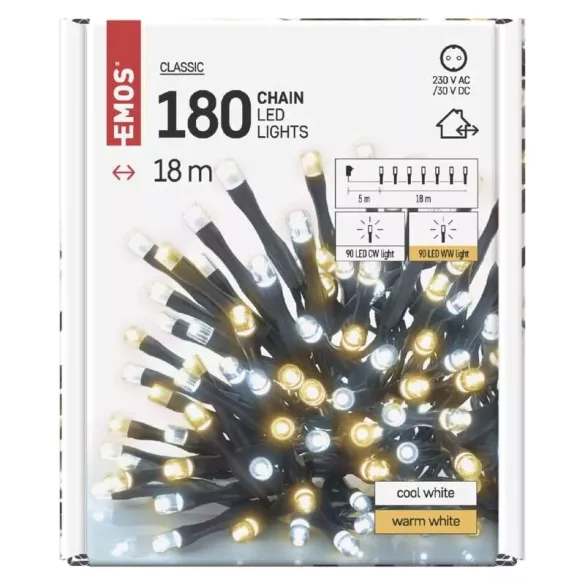 LED karácsonyi fényfüzér,18m,kültéri és beltéri,meleg/hideg fehér,időzítő D4AN06