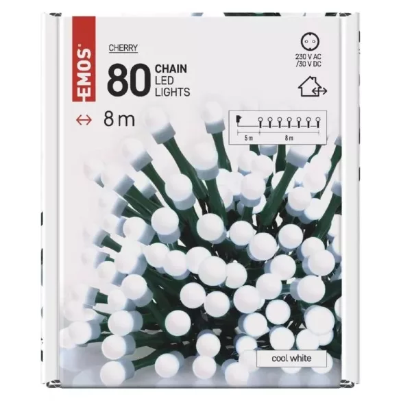 LED karácsonyi fényfüzér,cseresznye,8m, kültéri és beltéri,hideg fehér ZY0901T