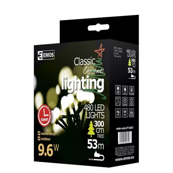 LED karácsonyi fényfüzér, cseresznye,48m,kültéri és beltéri,meleg fehér ZY1605T