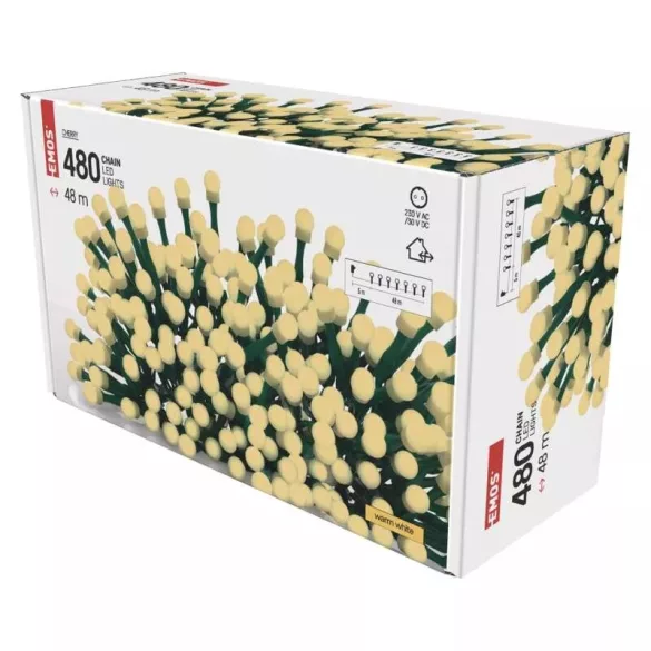 LED karácsonyi fényfüzér, cseresznye,48m,kültéri és beltéri,meleg fehér ZY1605T