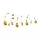 LED karácsonyi fényfüzér, arany gömb csillagokkal,1,9m, 2xAA, beltéri,meleg feh.