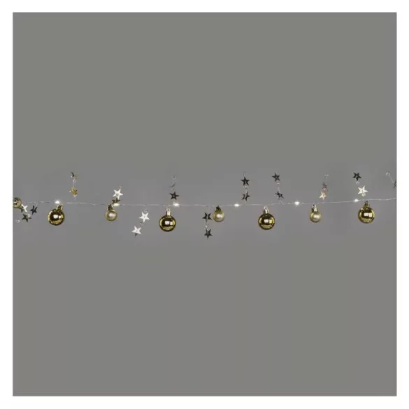 LED karácsonyi fényfüzér, arany gömb csillagokkal,1,9m, 2xAA, beltéri,meleg feh.