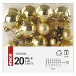 LED karácsonyi fényfüzér, arany gömb csillagokkal,1,9m, 2xAA, beltéri,meleg feh.