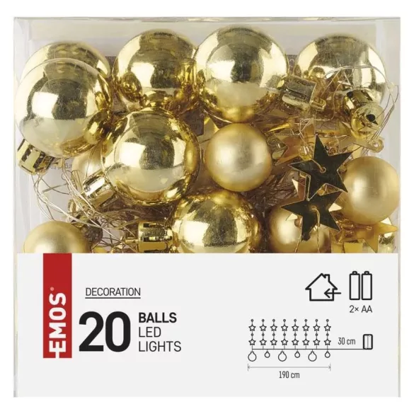 LED karácsonyi fényfüzér, arany gömb csillagokkal,1,9m, 2xAA, beltéri,meleg feh.