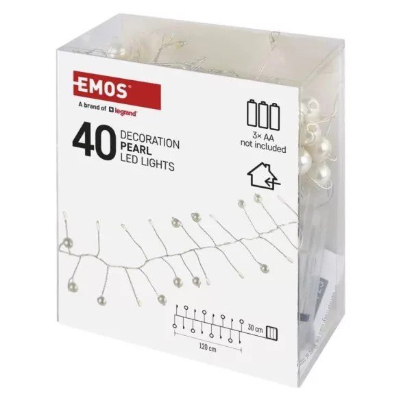 LED fényfüzér- gyöngyök, 1,2 m, 3xAA, beltéri,meleg fehér, időzítővel. DCGW15