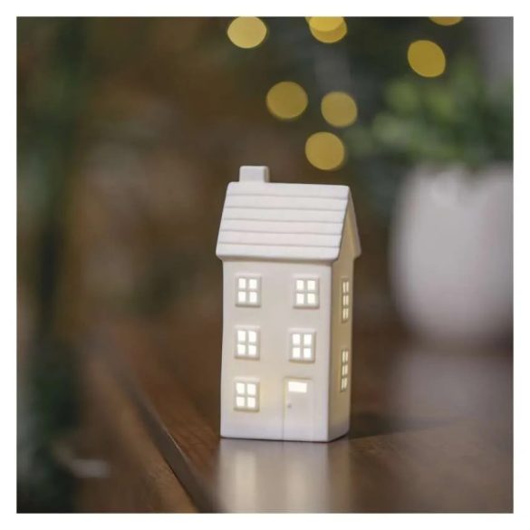 LED kerámia házikó, 16 cm, 1x CR2032, beltéri, meleg fehér, időzítő,DCLW36