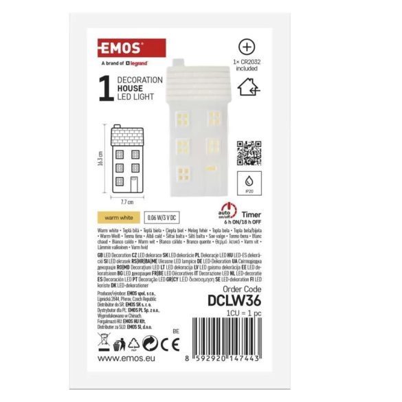 LED kerámia házikó, 16 cm, 1x CR2032, beltéri, meleg fehér, időzítő,DCLW36