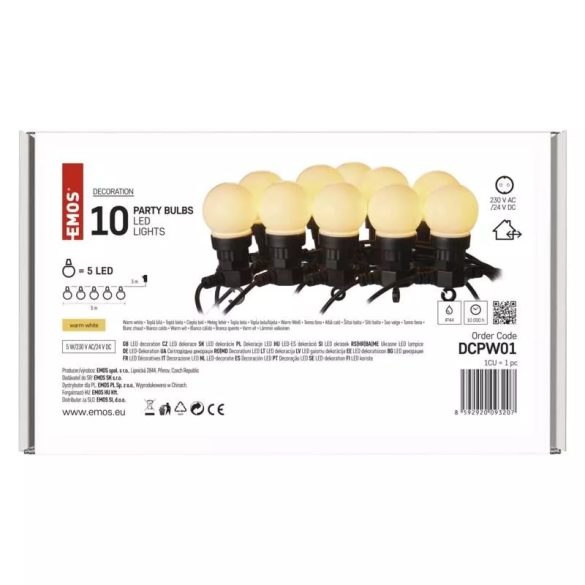 LED fényfüzér – 10x party égő, opál, 5 m, kültéri és beltéri, meleg fehér DCPW01