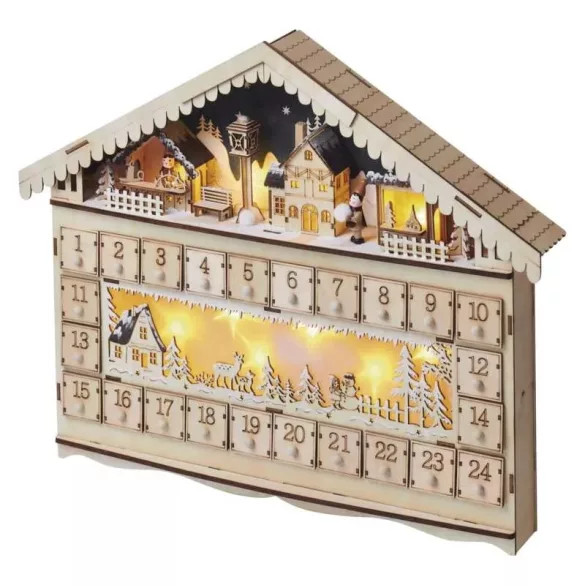LED adventi naptár, fa, 40x50 cm, 2x AA, beltéri, meleg fehér, időzítő DCWW01