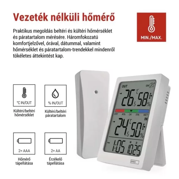 Digitális hőmérő páratartalom-mérővel, vez. nélküli érzékelővel,óra  E0558W