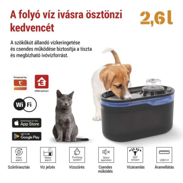 EMOS GoSmart háziállat itató Pet Care, 2,6 l, szürke, Wi-Fi H6102