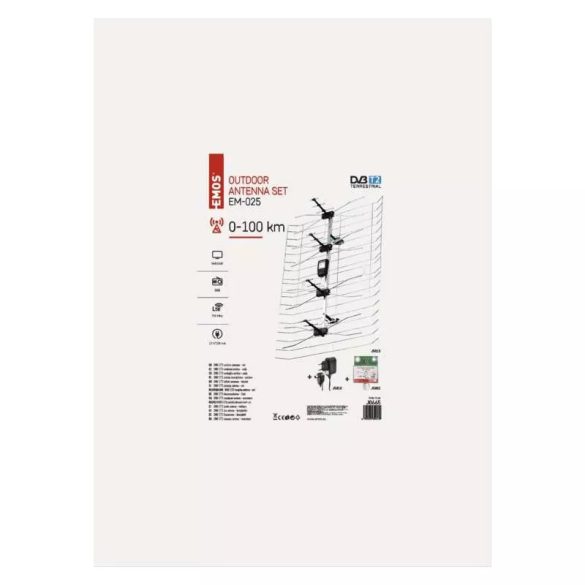 Kültéri antenna EM-025, 0–100 km, DVB-T2, DAB, LTE/4G szűrő J0665