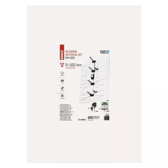 Kültéri antenna EM-030, 0–100 km, DVB-T2, DAB, LTE/4G szűrő J0666