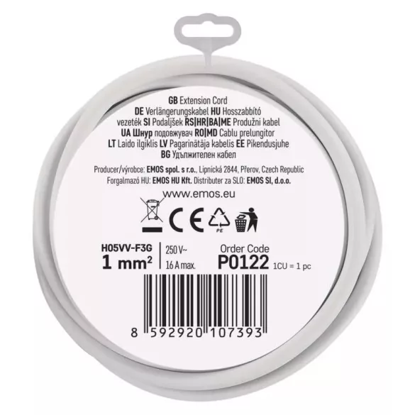EMOS Hosszabbító 1 aljzat 2m fehér SCHUKO P0122