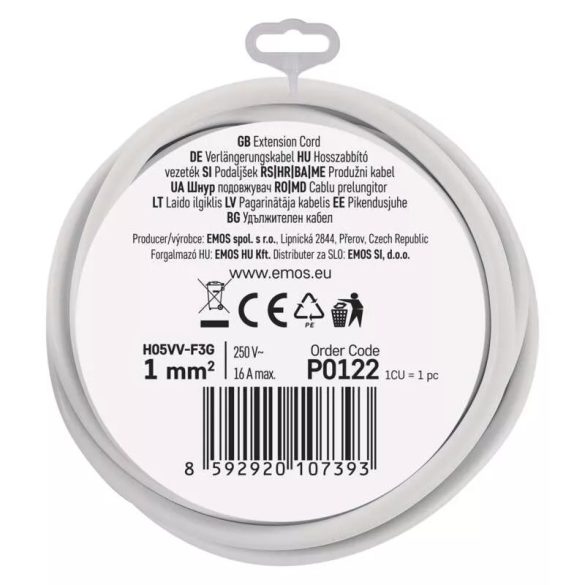 EMOS Hosszabbító 1 aljzat 2m fehér SCHUKO P0122