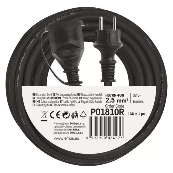 EMOS HOSSZABÍTÓ GUMI 10M 3x2,5mm FEKETE P01810R