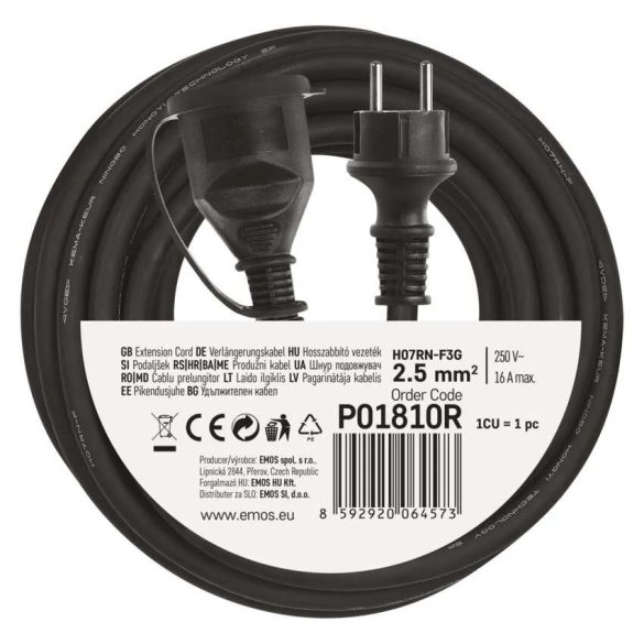 EMOS HOSSZABÍTÓ GUMI 10M 3x2,5mm FEKETE P01810R