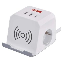   Hosszabbító kocka 2 m / 2 aljzat / fehér / 2×USB-A+1×USB-C+Qi / 1,5 mm2 P0222CQ