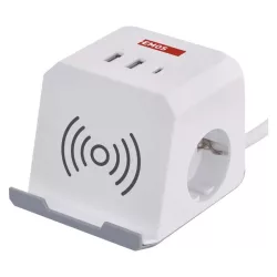 Hosszabbító kocka 2 m / 2 aljzat / fehér / 2×USB-A+1×USB-C+Qi / 1,5 mm2 P0222CQ