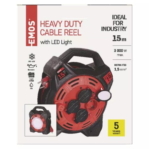 EMOS Gumi Kábeldob LED-es világítással 4 aljzat, 15m, 1,5 mm2, P08215