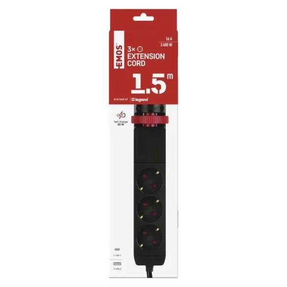 EMOS elosztó 3 aljzat 1,5m kapcsoló/asztalra szerelhető/USB/fekete/PVC P1321PD