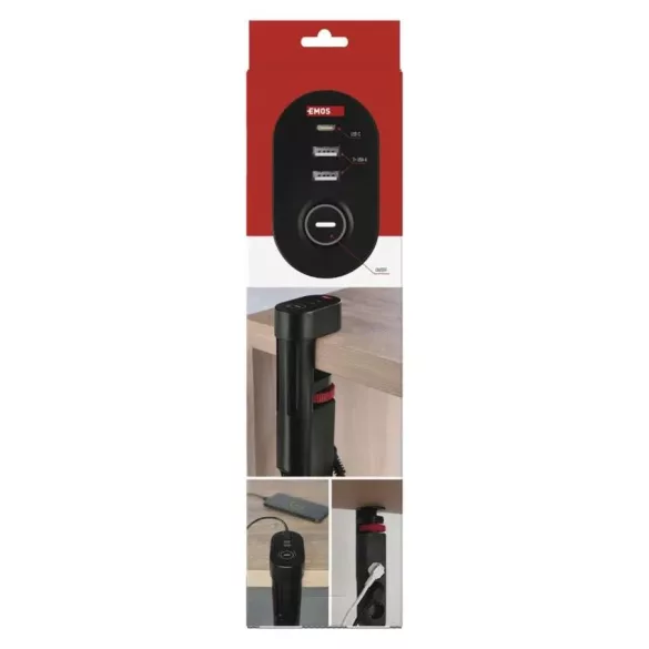 EMOS elosztó 3 aljzat 1,5m kapcsoló/asztalra szerelhető/USB/fekete/PVC P1321PD