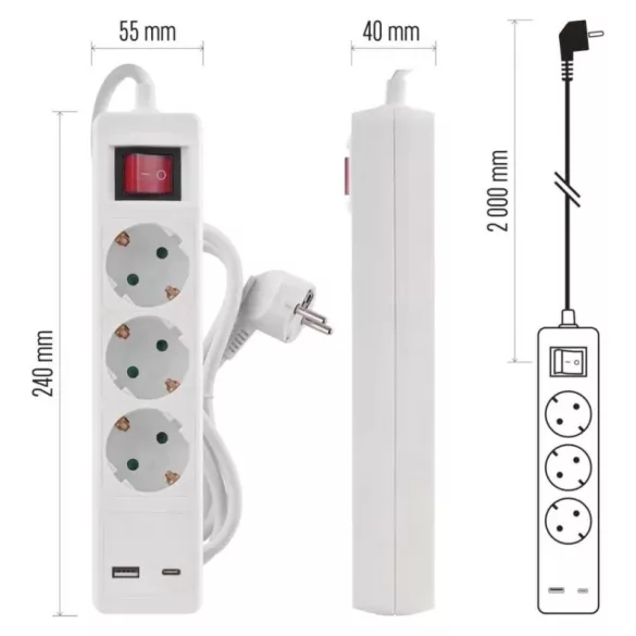 HOSSZABBÍTÓ ELOSZTÓ 3 ALJ 2M KAP. 1.5MM+1×USB-A,1×USB-C P1522CU