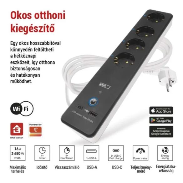GoSmart hosszabbító 2m/4 aljzat kapcsolóval/USB/ fehér-fekete/ PVC 1,5mm