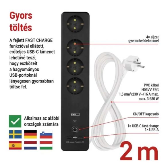 GoSmart hosszabbító 2m/4 aljzat kapcsolóval/USB/ fehér-fekete/ PVC 1,5mm
