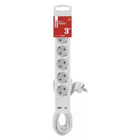 HOSSZABBÍTÓ ELOSZTÓ 5ALJ 3M KAP. 1.5MM+1×USB-A,1×USB-C P1523CU