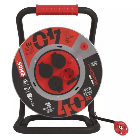EMOS Fém Kábeldob Gumi 4 aljzat, 40m, 3680W, 2,5 mm2, P19224