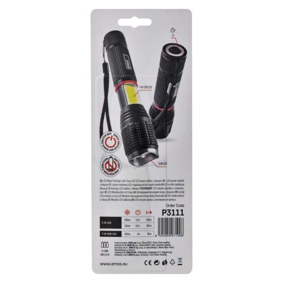 EMOS FÉM LED ZSEBLÁMPA, 5W + 3W COB, 3X AAA, FÓKUSZ P3111