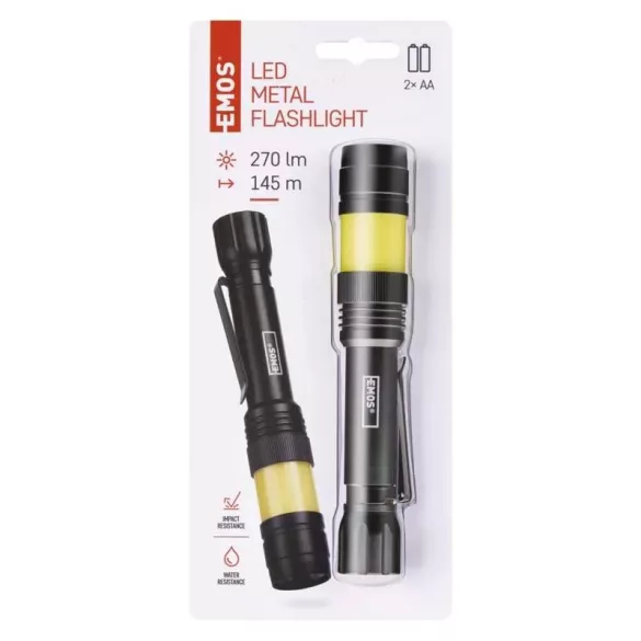 EMOS COB LED fém zseblámpa, 2xAAA, 180lm, IP44 P3112