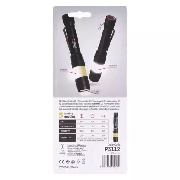 EMOS COB LED fém zseblámpa, 2xAAA, 180lm, IP44 P3112